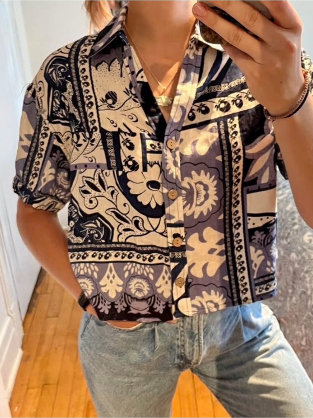 Linen Christian Siriano Navy and Cream Patchwork Floral Button-Down Shirt